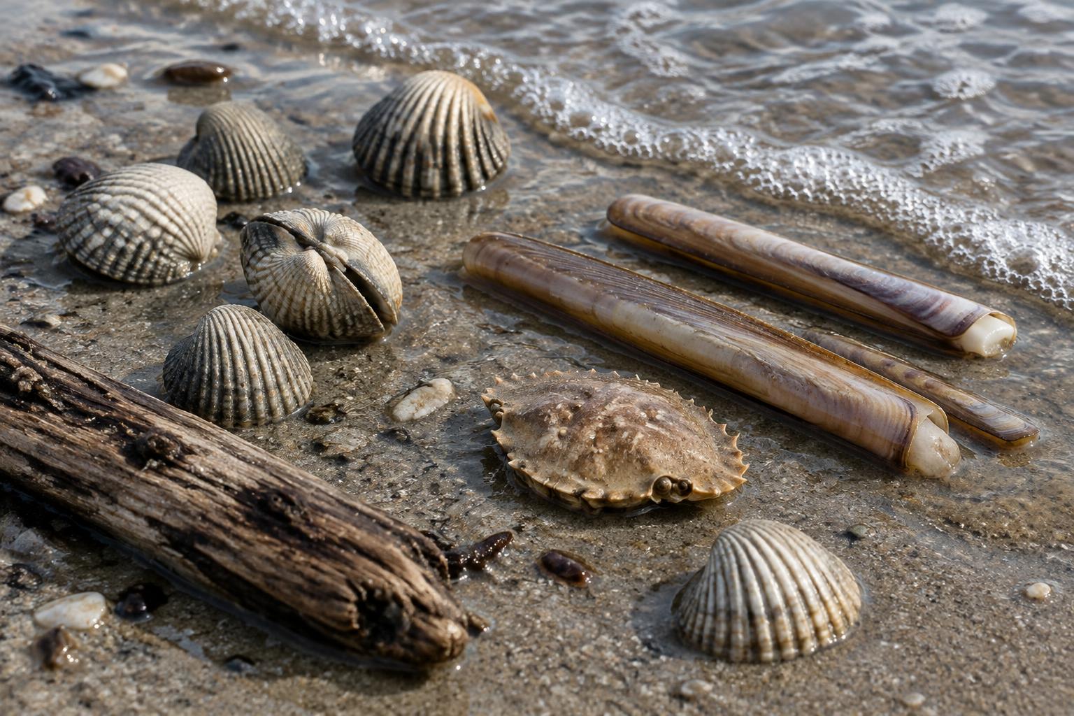 Muscheln und ein Seestern auf nassem Strandsand