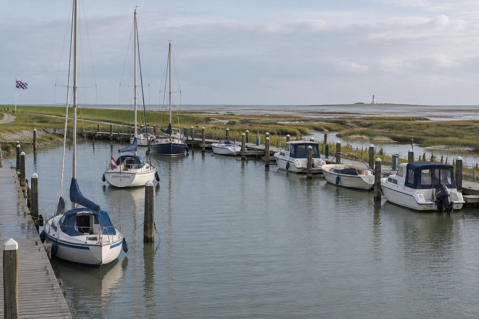 Hafen mit Fischerbooten und Fähre im Morgenlicht