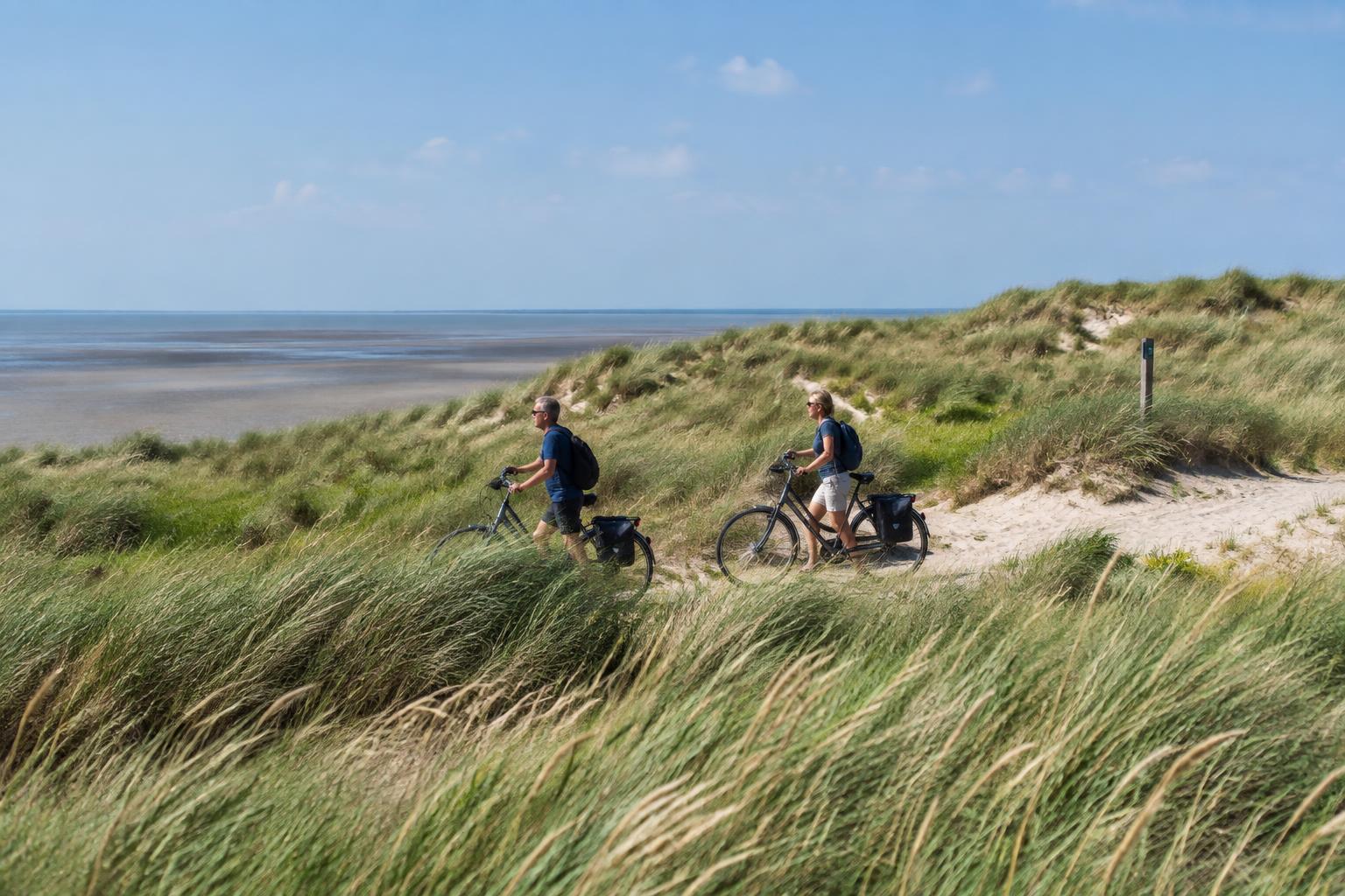 Radfahrer auf einem Sandpfad durch die Dünen