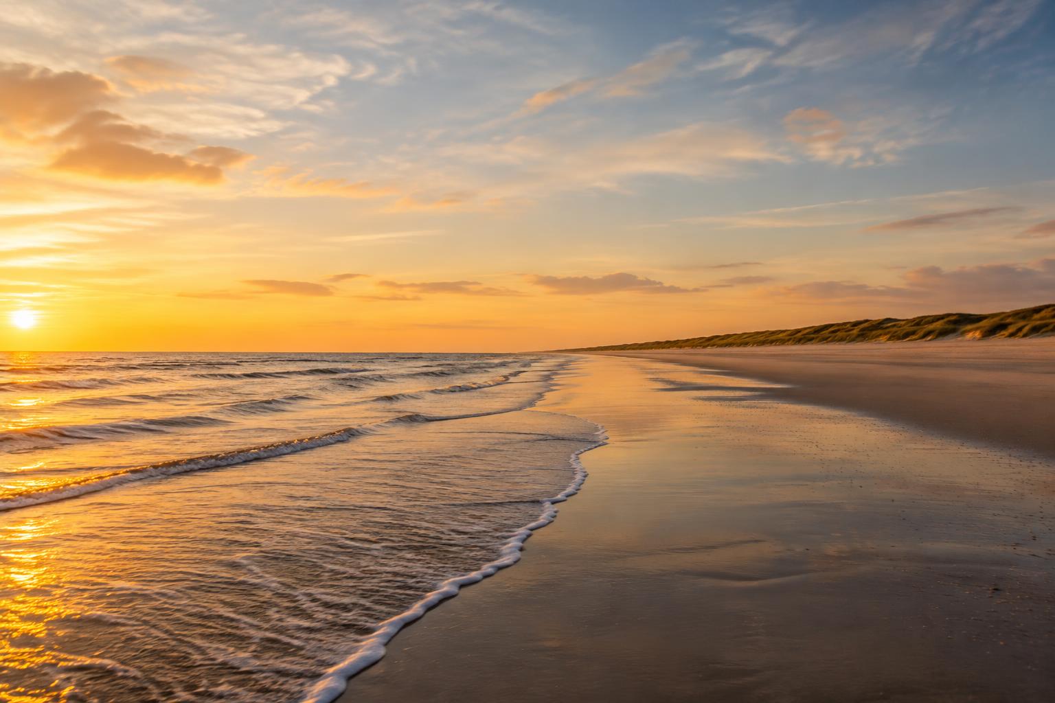 Weiter, leerer Nordseestrand im goldenen Abendlicht