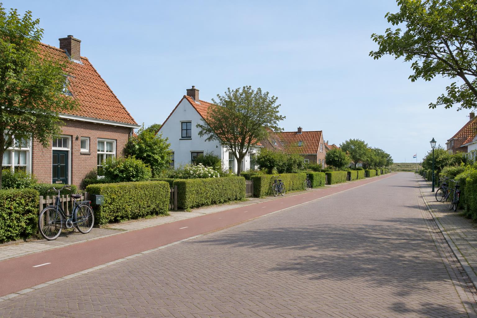 Ruhige Dorfstraße mit roten Backsteinhäuschen und Fahrrädern